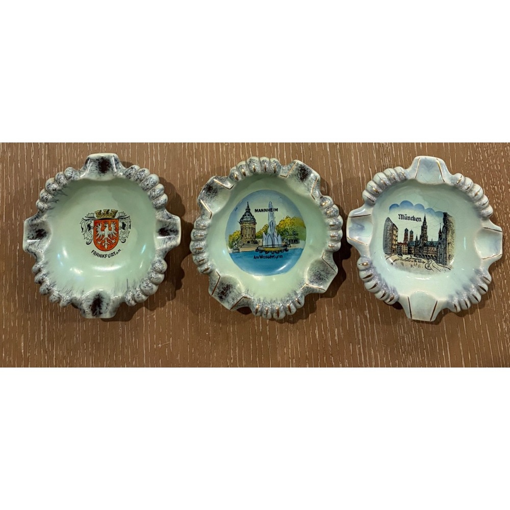 Vintage‎ Germany Souvenir Ashtray Lot Frankfurt Mannheim Munich Ceramic 3 Pc 415